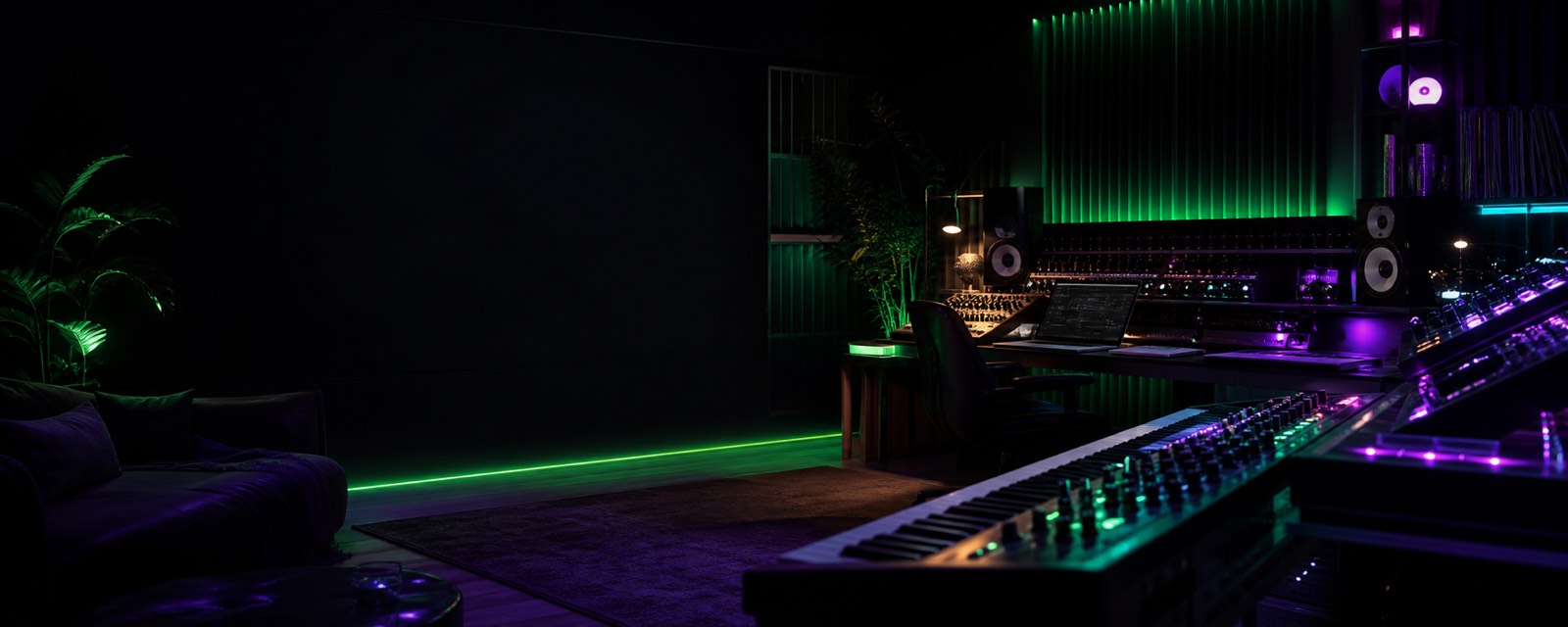 Dark music production studio with green and violet lights.